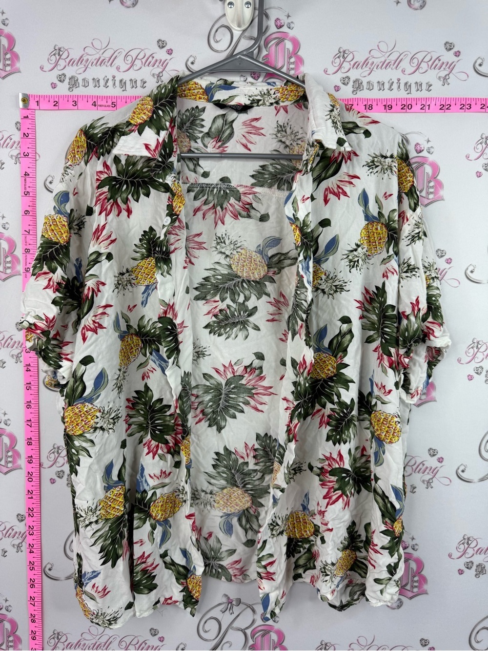Coofandy shirt White Tropical Pineapple Print Button-Front Shirt